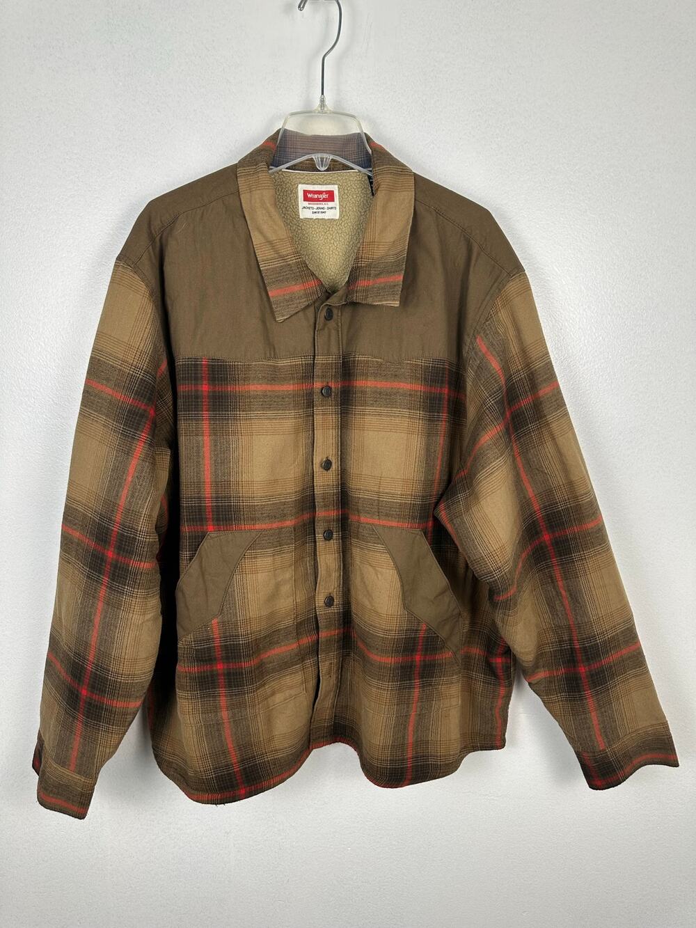 Wrangler Mens Plaid Sherpa Lined Heavyweight Shirt Jacket Brown Red Flannel 3XL